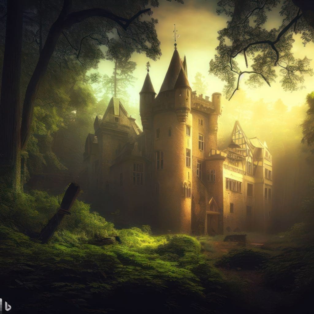 Bing Image Creator изображения . прекрасен забравен средновековен замък в приказен горски пейзаж