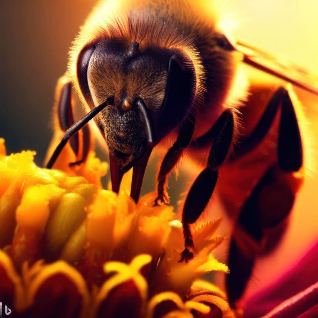 Bing Image Creator изображения . пчела върху цвете, макро фотография
